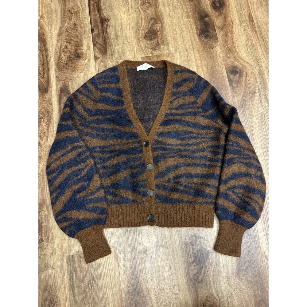 Sezane Wendy Cardigan Brown Navy Tiger Zebra Animal Print Mohair Wool Knit XS